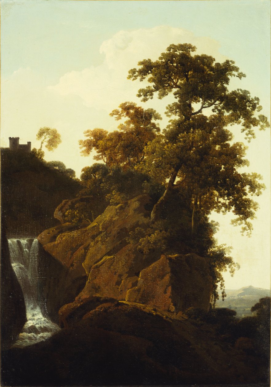 Skalnatá krajina s vodopádem od Joseph Wright of Derby