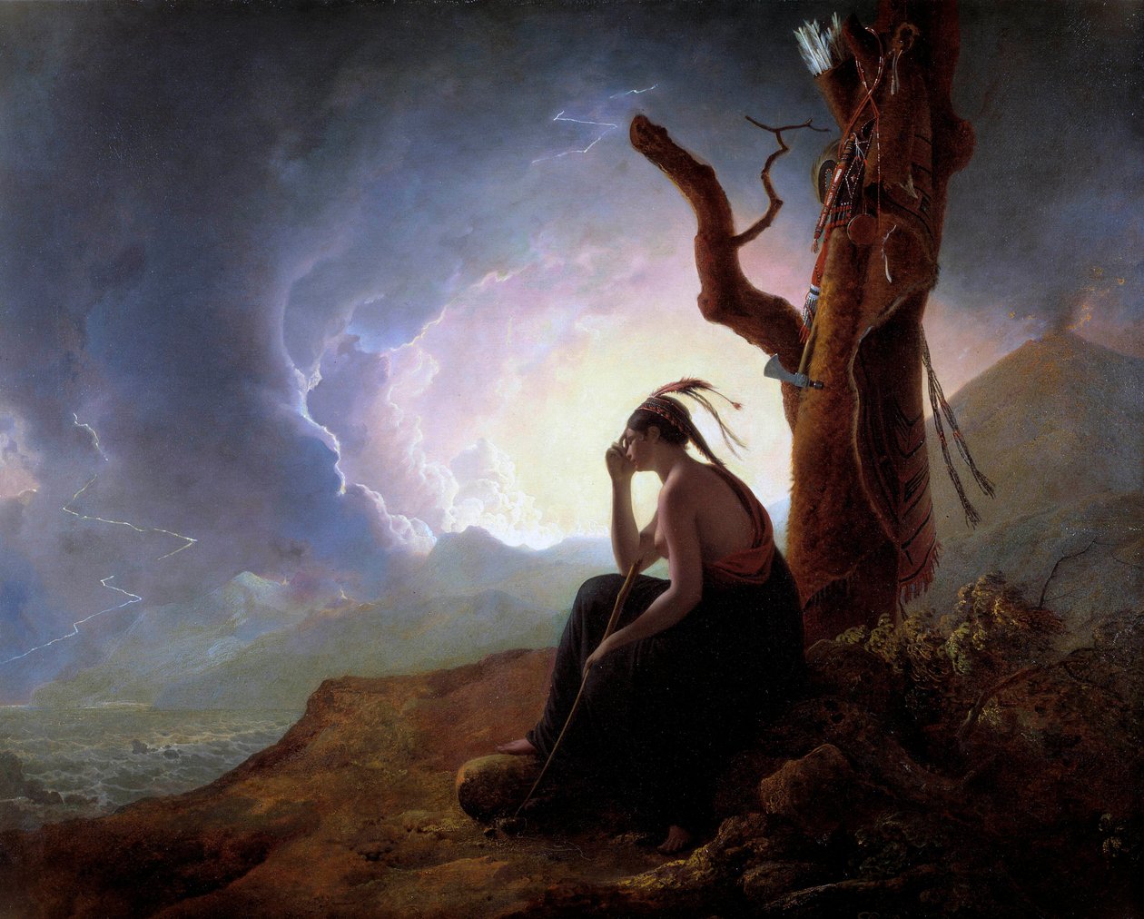 Vdova po indickém náčelníkovi, který bdí nad zbraněmi svého manžela Obraz Josepha Wrighta z Derby (1734-1797) 1785 Derby, Derby museum od Joseph Wright of Derby