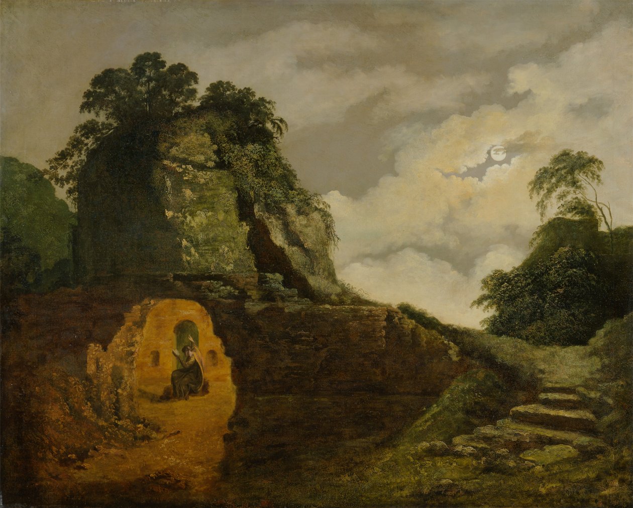 Vergiliův hrob za svitu měsíce, se Silius Italicus od Joseph Wright of Derby
