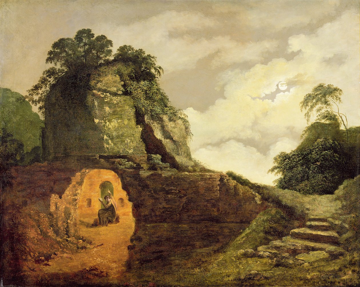 Virgilova hrobka za měsíčního svitu se Silius Italicus od Joseph Wright of Derby