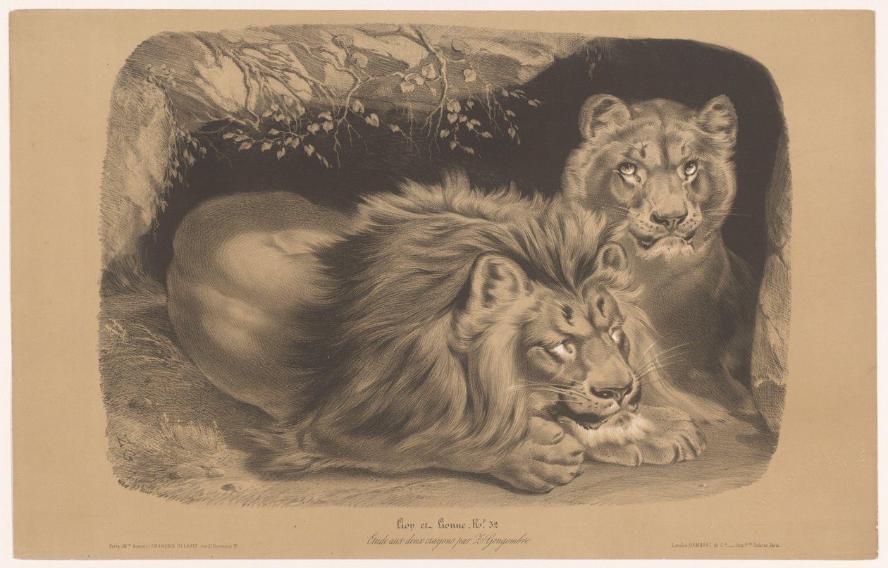 lev a lvice Lion et Lionne (název na objektu) Studie na zvířatech ve dvou typech křídy (název série) Etude aux deux pastelky par Z. Gengembre (název série na předmětu) od Joseph Zephyris Gengembre