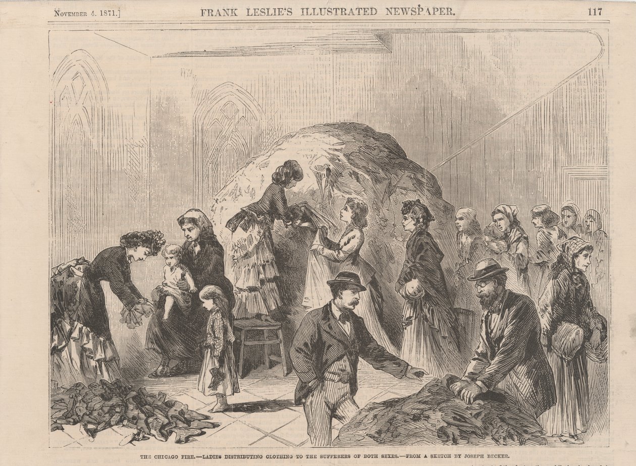 Chicago Fire: dámy rozdávající oblečení trpícím obou pohlaví, ilustrace z Frank Leslies Illustrated Newspaper, 1871 od Joseph after Becker