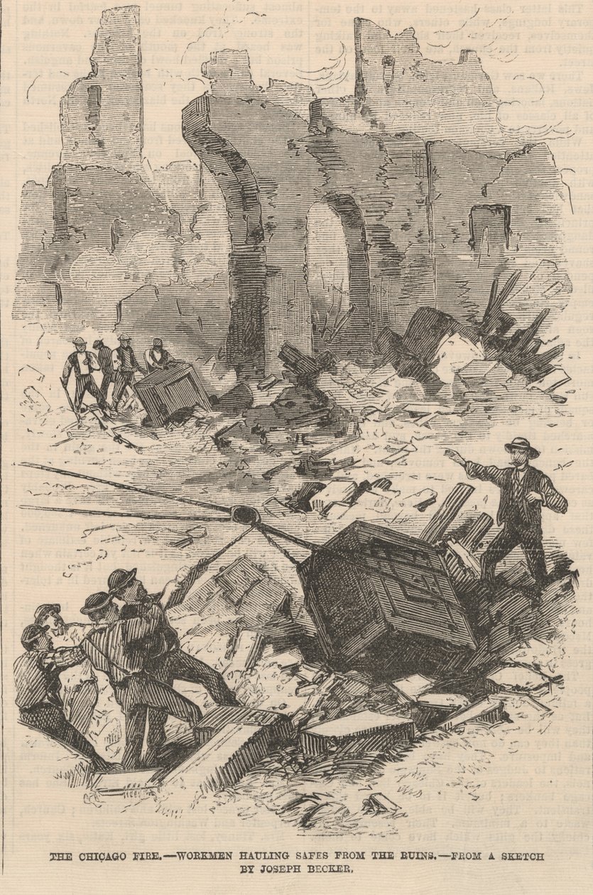 Dělníci táhnoucí trezory z ruin, ilustrace z Frank Leslies Illustrated Newspaper, 1871 od Joseph after Becker