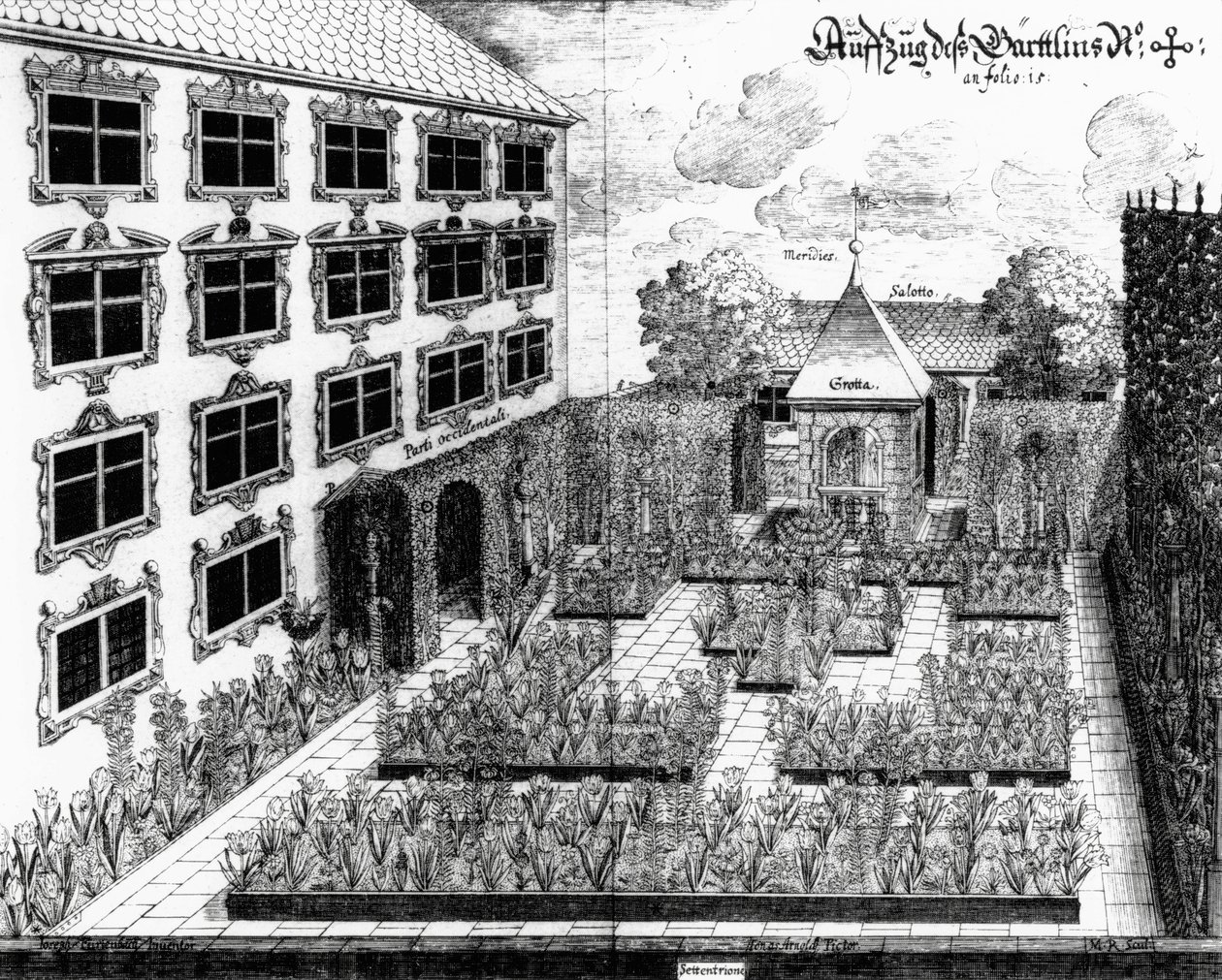 Návrh zahrady Furttenbachů v Ulmu z Architectura Privata, vyrytý Jonasem Arnoldem (1600-69), vydáno 1641 od Joseph after Furttenbach