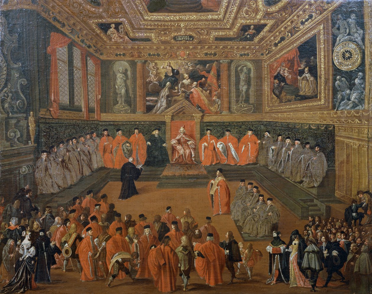 Slyšení dóžete v Radní síni vévodského paláce v Benátkách, obraz od Josepha Heintze Youngera (asi 1600-1678) od Joseph the younger Heintz