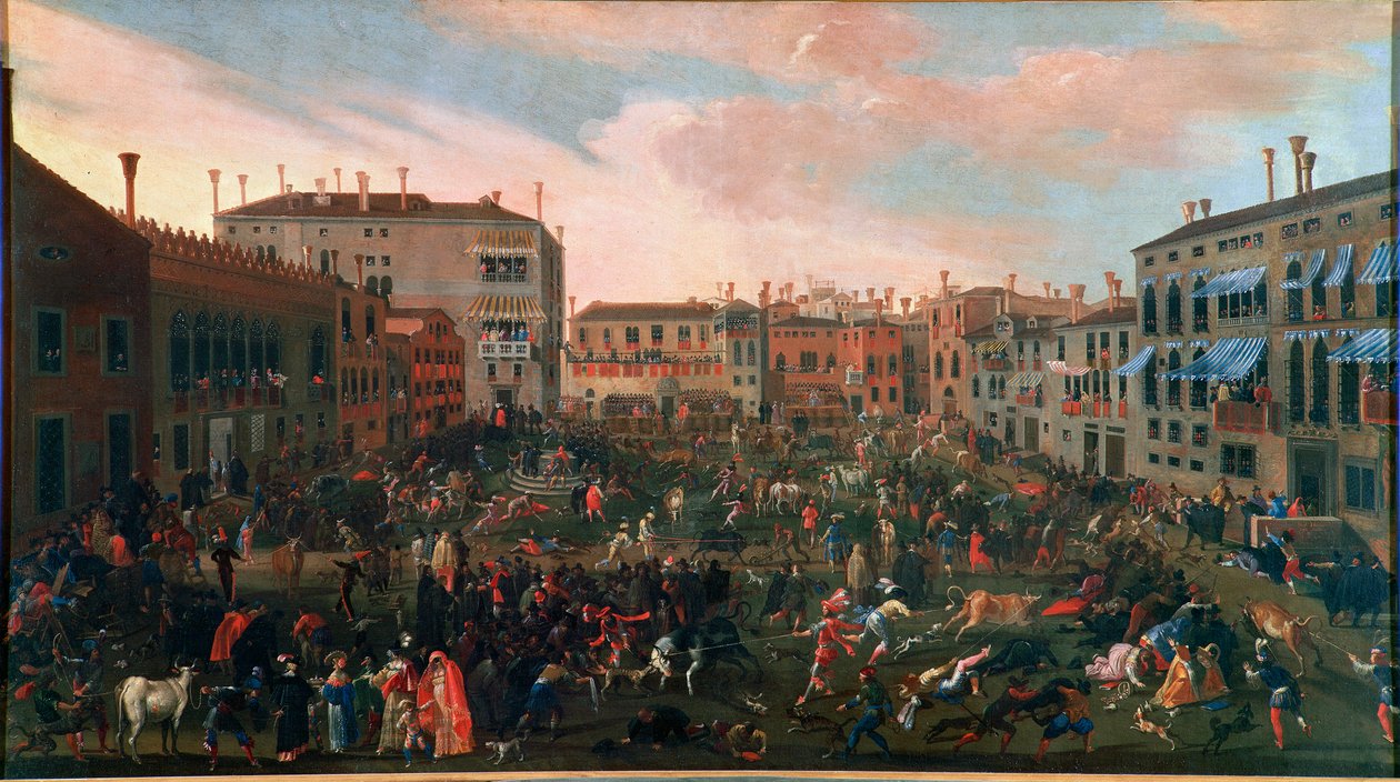 Lov býků v Campo San Polo v Benátkách v roce 1648. Tradiční lov Býka se konal na malém náměstí (campi) Benátska se zvláště divokými psy. Obraz Josepha Heintze Je Jeune (1600-1678). Venezia, Museo Correr od Joseph the younger Heintz