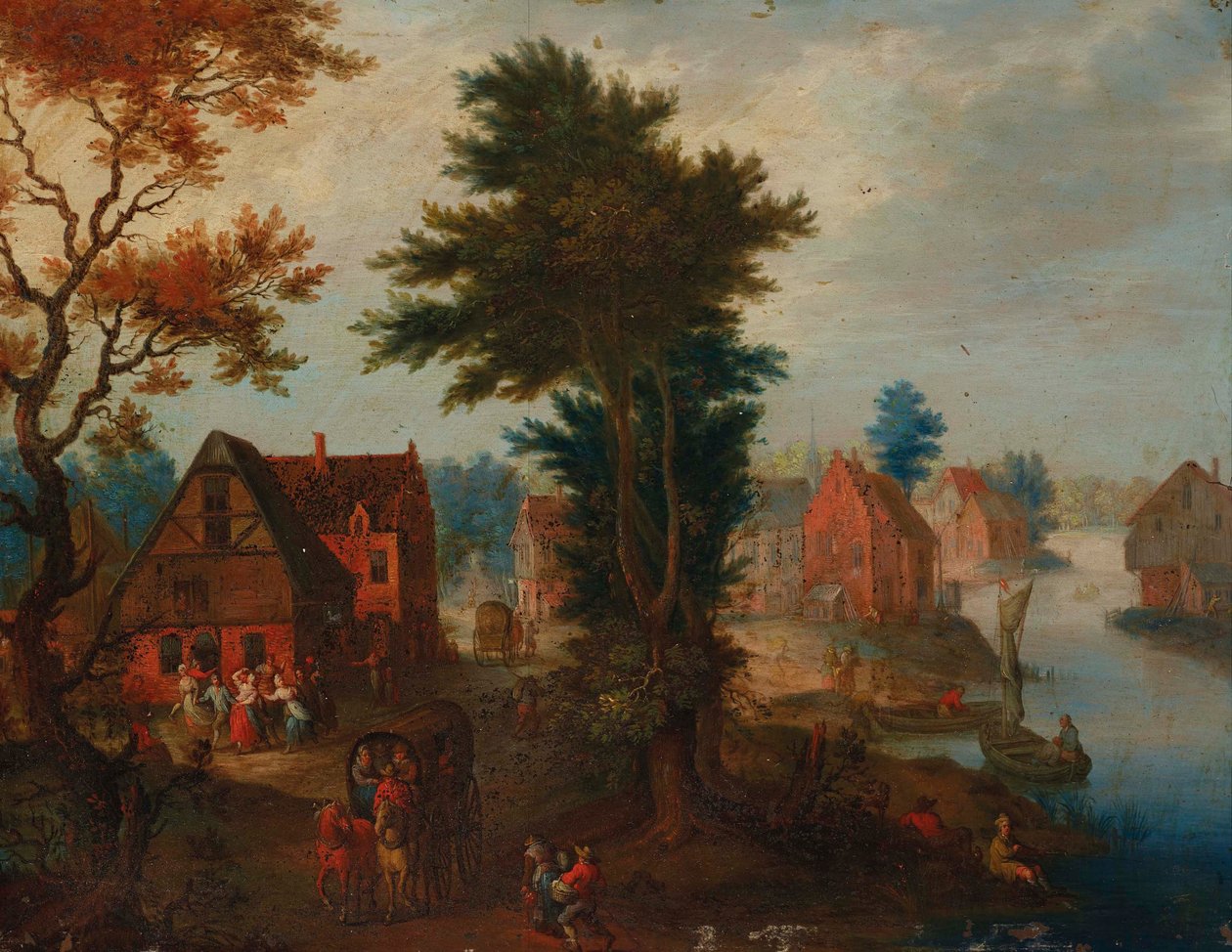 Říční krajina s loděmi a povozy u vesnice od Joseph van Bredael