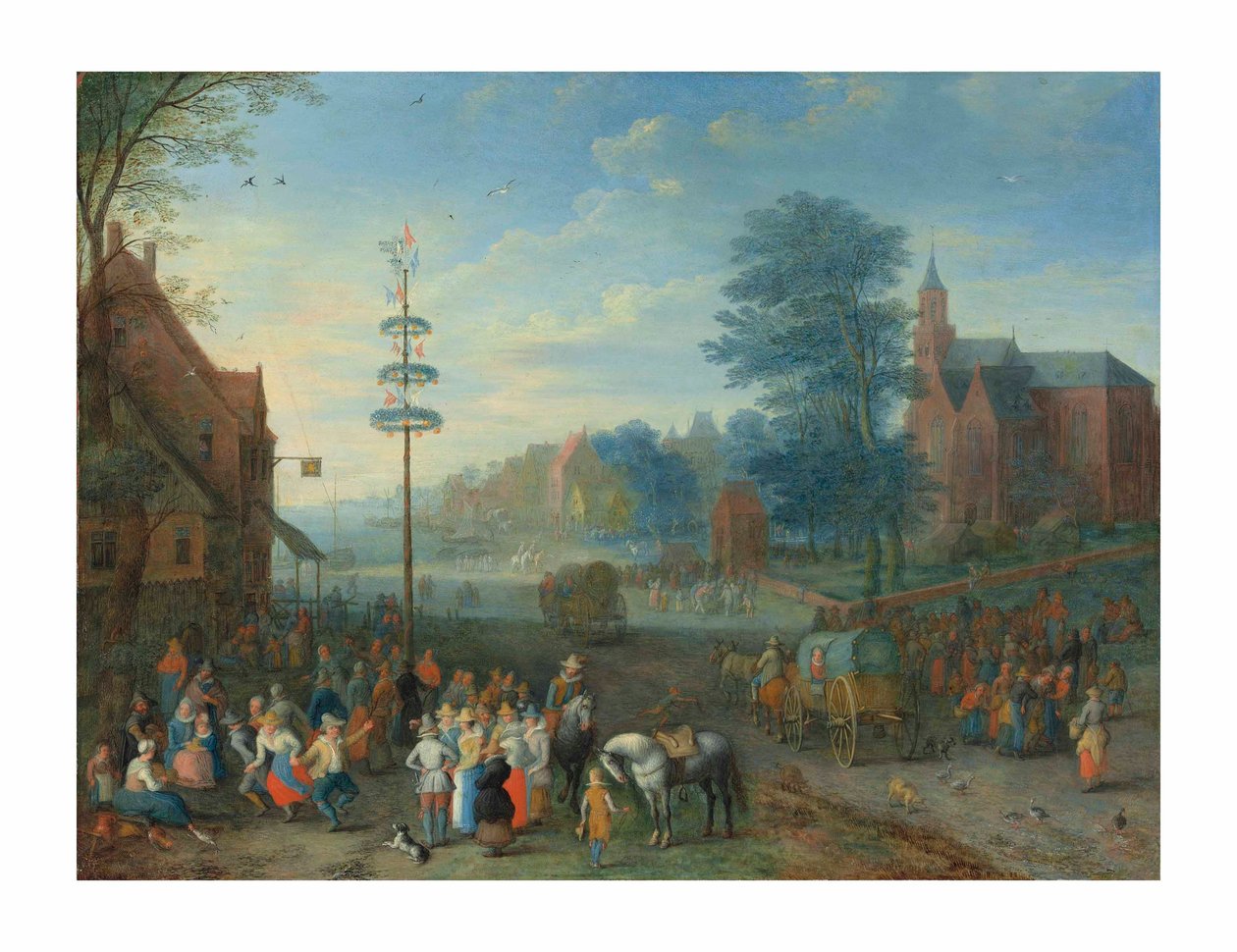 Vesnická kermesse s postavami tančícími kolem májky (olej na mědi) od Joseph van Bredael
