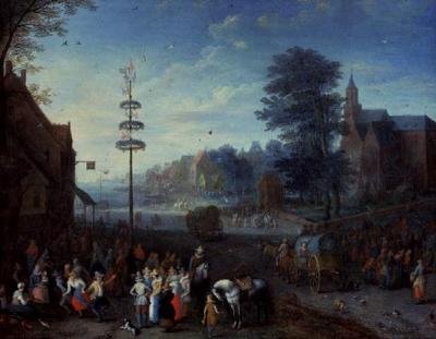 Vesnické kermesse s vesničany tančícími kolem májky a cestovateli na silnici od Joseph van Bredael