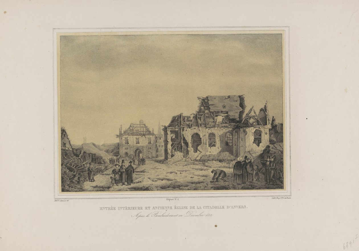 Poort en kerk v de Citadel van Antwerpen, 1832 Vnitřní vchod a starý kostel Citadely v Antverpách. Po bombardování v prosinci 1832 (název na objektu) Album sedmi pohledů na ruiny vnitřku Citadely v Antverpách (název série) od Joseph van den Nest