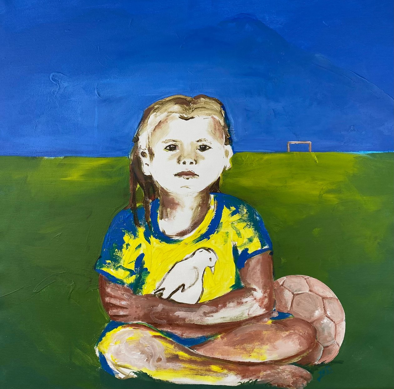 Mädchen mit Taube (Dívka s holubicí), 2022 (akrylová barva na plátně) od Josephine Henning