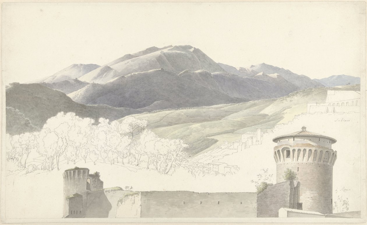 Krajina v Subiaco a budova v Římě od Josephus Augustus Knip