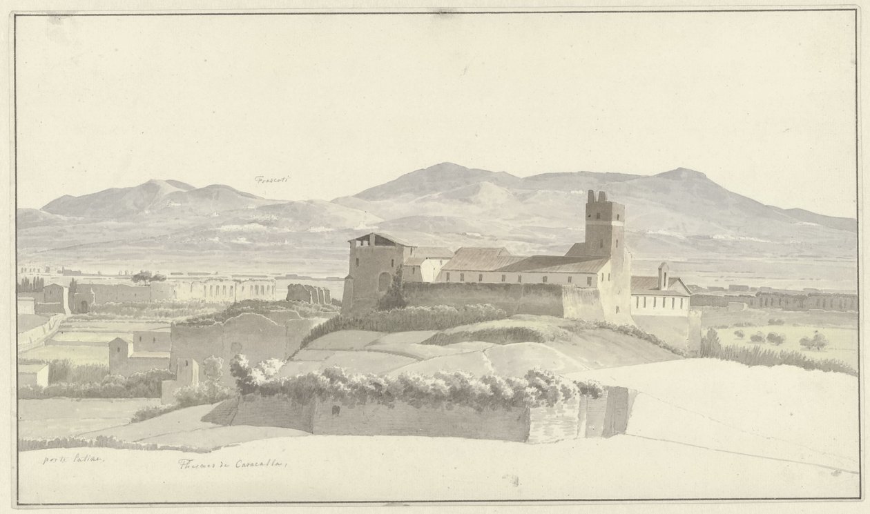 Lázně Caracalla v Římě, s Frascati v dálce De Thermen van Caracalla, Řím, se setkal s de Porta Latina en in de verte Frascati od Josephus Augustus Knip