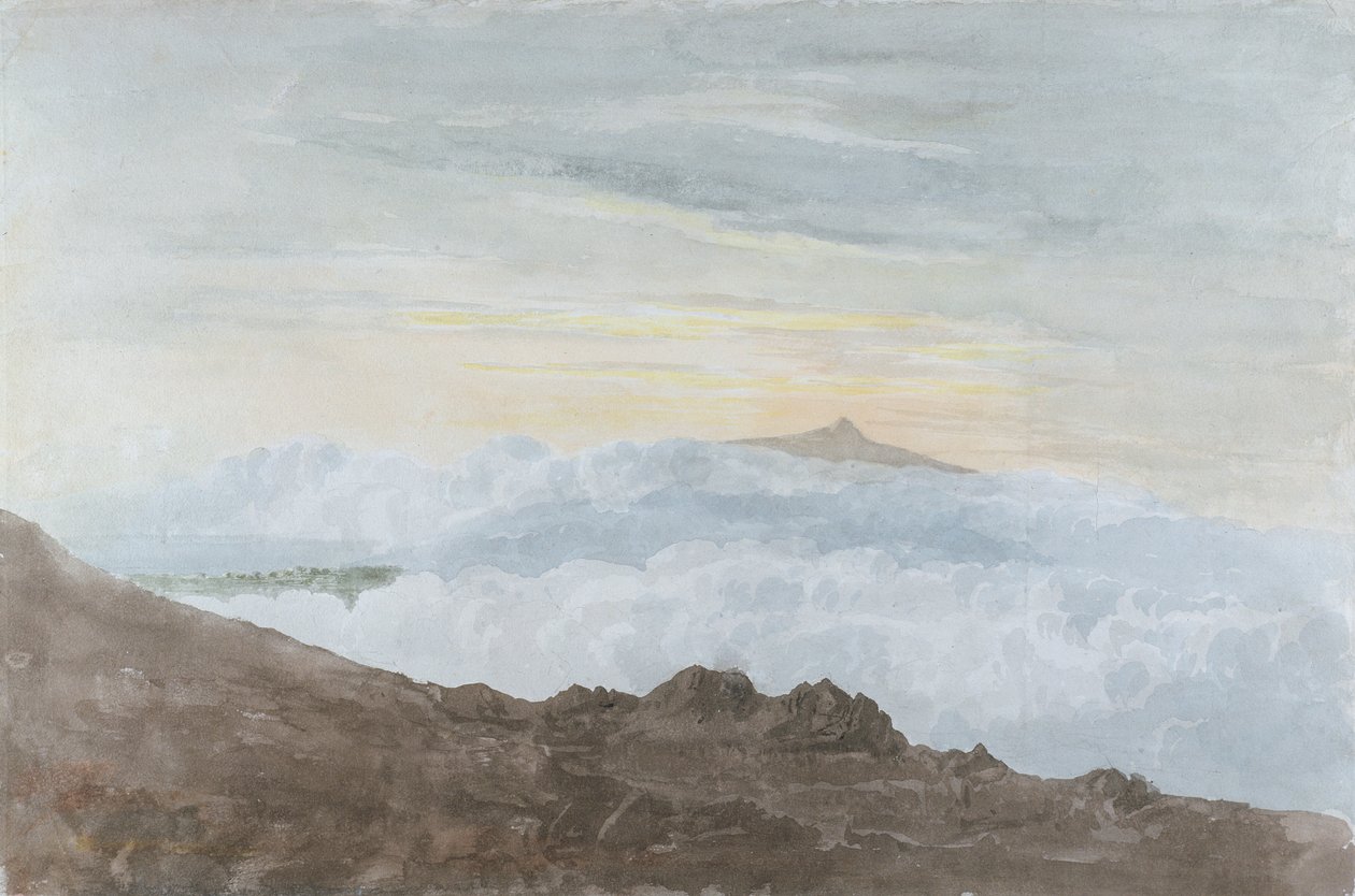 Horská krajina s mraky, cca 1803 (wc nad grafitem na tkaném papíře) od Joshua Cristall