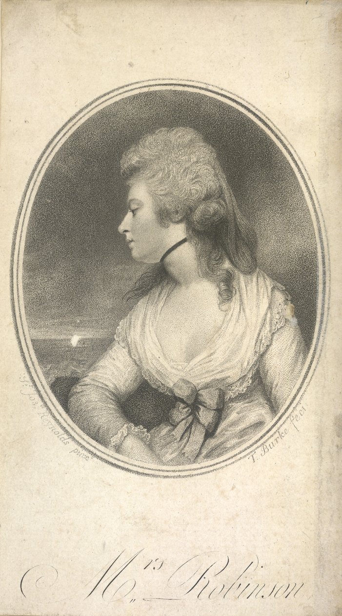 Paní Robinsonová. Mary Robinsonová, rozená Darbyová, známá jako Perdita (1758-1800). Anglická herečka, básnířka a spisovatelka. První veřejná milenka krále Jiřího IV. v době, kdy byl ještě princem z Walesu. Portrét podle sira Joshuy Reynoldse. od Joshua (after) Reynolds