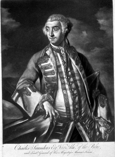 Portrét admirála Sira Charlese Saunderse (asi 1713-75) viceadmirála modré eskadry, vyrytý Jamesem McArdellem (asi 1729-65) (rytina) od Joshua (after) Reynolds