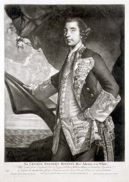 Portrét Sira George Brydgese Rodneyho (1719-92) admirála Bílého, vyrytý Williamem Dickinsonem (1746-1823) hospoda. od Carington Bowles (fl.1744-93) (rytina) od Joshua (after) Reynolds