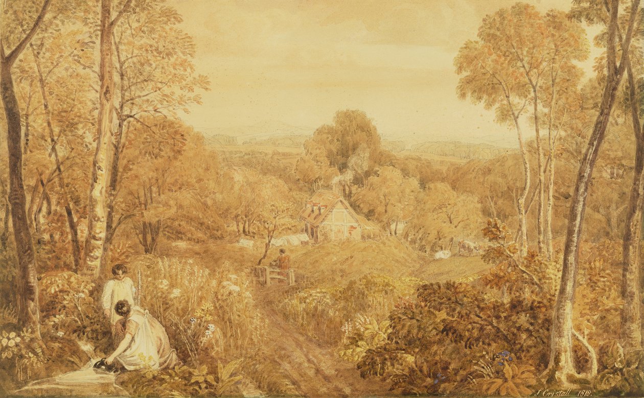 Zalesněná krajina s chalupami a venkovankami, Hurley, Berks, 1818 (wc nad grafitem na papíře) od Joshua Cristall
