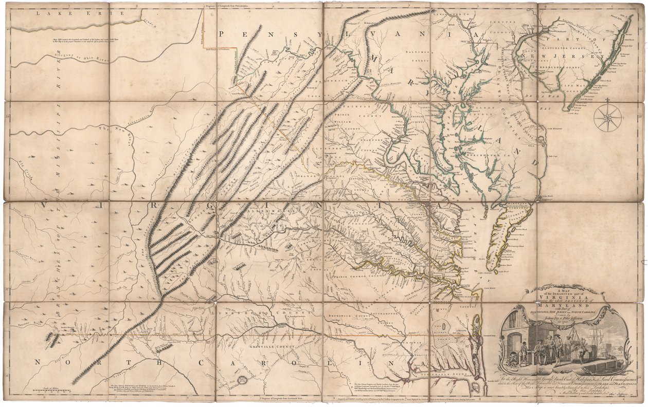 Mapa obydlené části Virginie od Frye a Jeffersona od Joshua & Jefferson Peter Fry