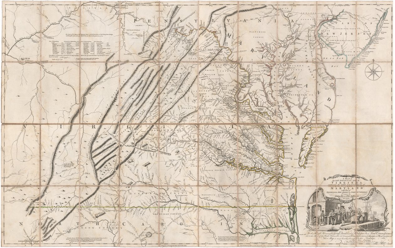 Fry ja Jeffersonin kartta Virginian asutuimmasta osasta od Joshua & Jefferson Peter Fry