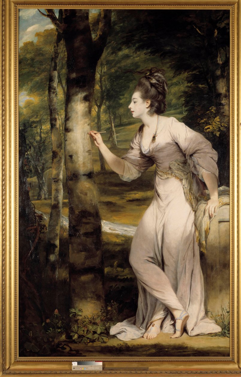 Žena velké elegance dává jméno na kmen stromu v romantické atmosféře. Obraz Joshuy Reynoldse (1723-1792). 18. století. Collection privee - Celovečerní portrét paní Lloyd: Elegantní žena vyřezává jméno na kmen stromu v romantické atmosféře od Joshua Reynolds