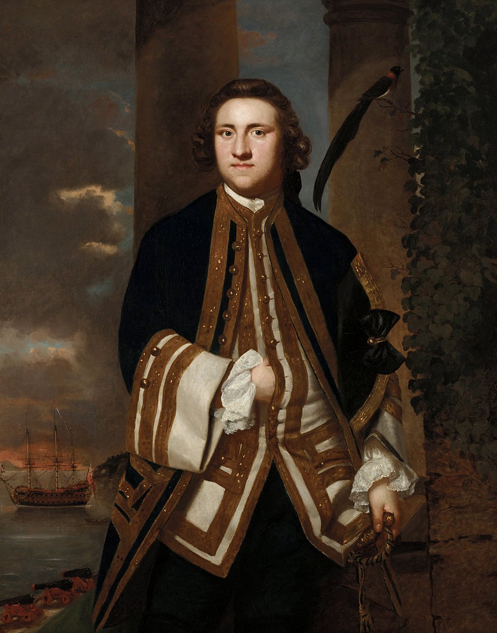 "Portrét kapitána George Edgecumbeho (1720-1795) s lodí Salisbury v pozadí, 50dělovou lodí, jejímž kapitánem byl Edgecumbe. od Joshua Reynolds
