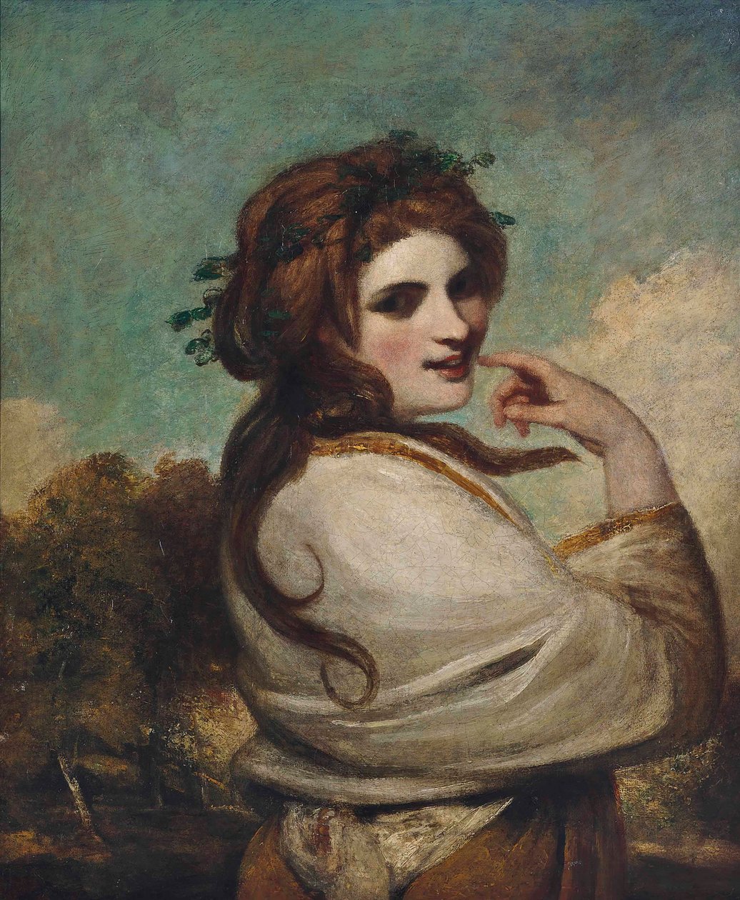 Portrét Emmy, Lady Hamiltonové, jako Bacchante, polodlouhé, ve žlutých šatech a bílém šátku, v krajině od Joshua Reynolds