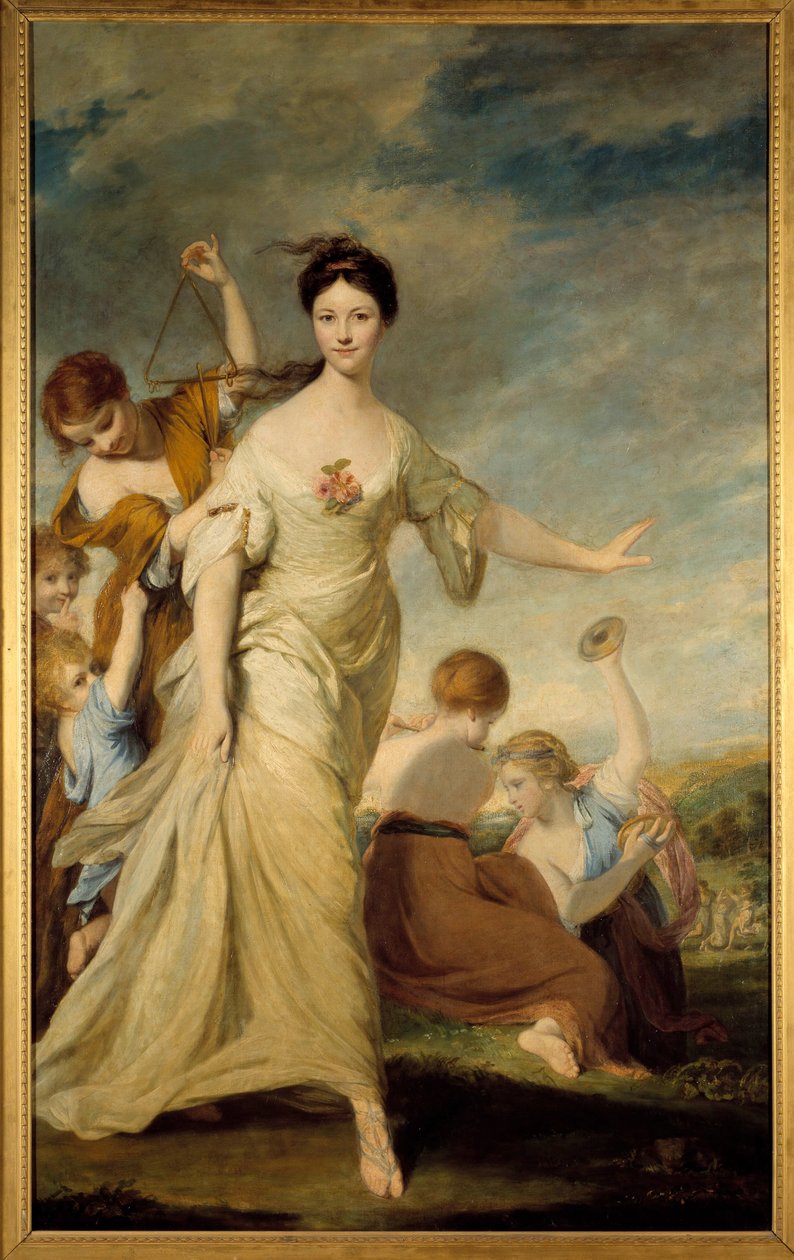 Portrét Madame Hale v Euphrosyn Madame John Hale interpretující Euphrosyn, Milost radosti v řecké mytologii. Obraz od Joshuy Reynoldse (1723-1792) 1762-1764. Ztlumit. Rozměr 236 x 146 cm. Soukromá sbírka - paní Hale jako Euphrosyne. 1776. Olej na plátně. L od Joshua Reynolds