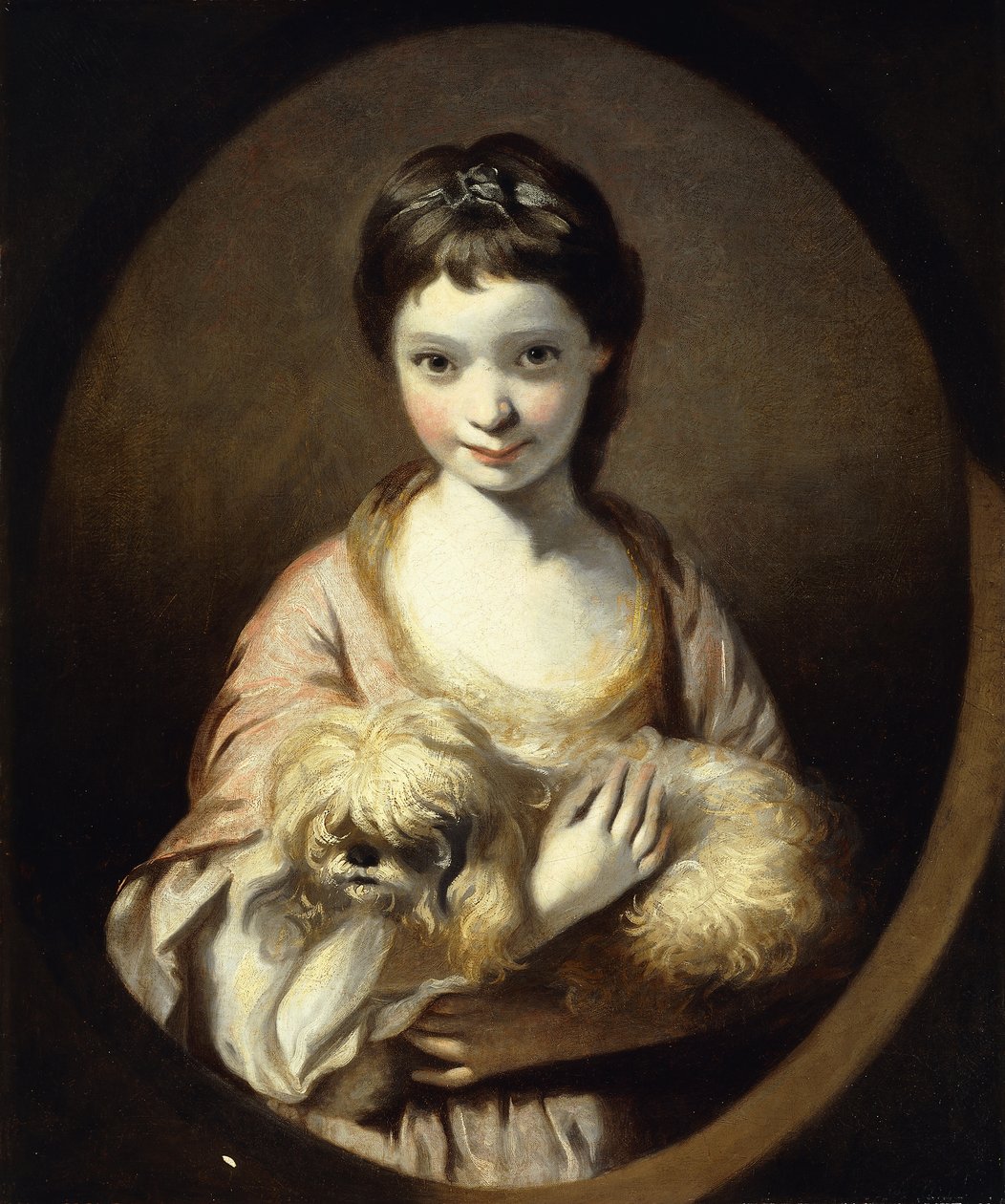 Portrét slečny Emilie Vansittartové, poloviční délka, na sobě růžovobílé šaty se psem, cca 1767-68 od Joshua Reynolds