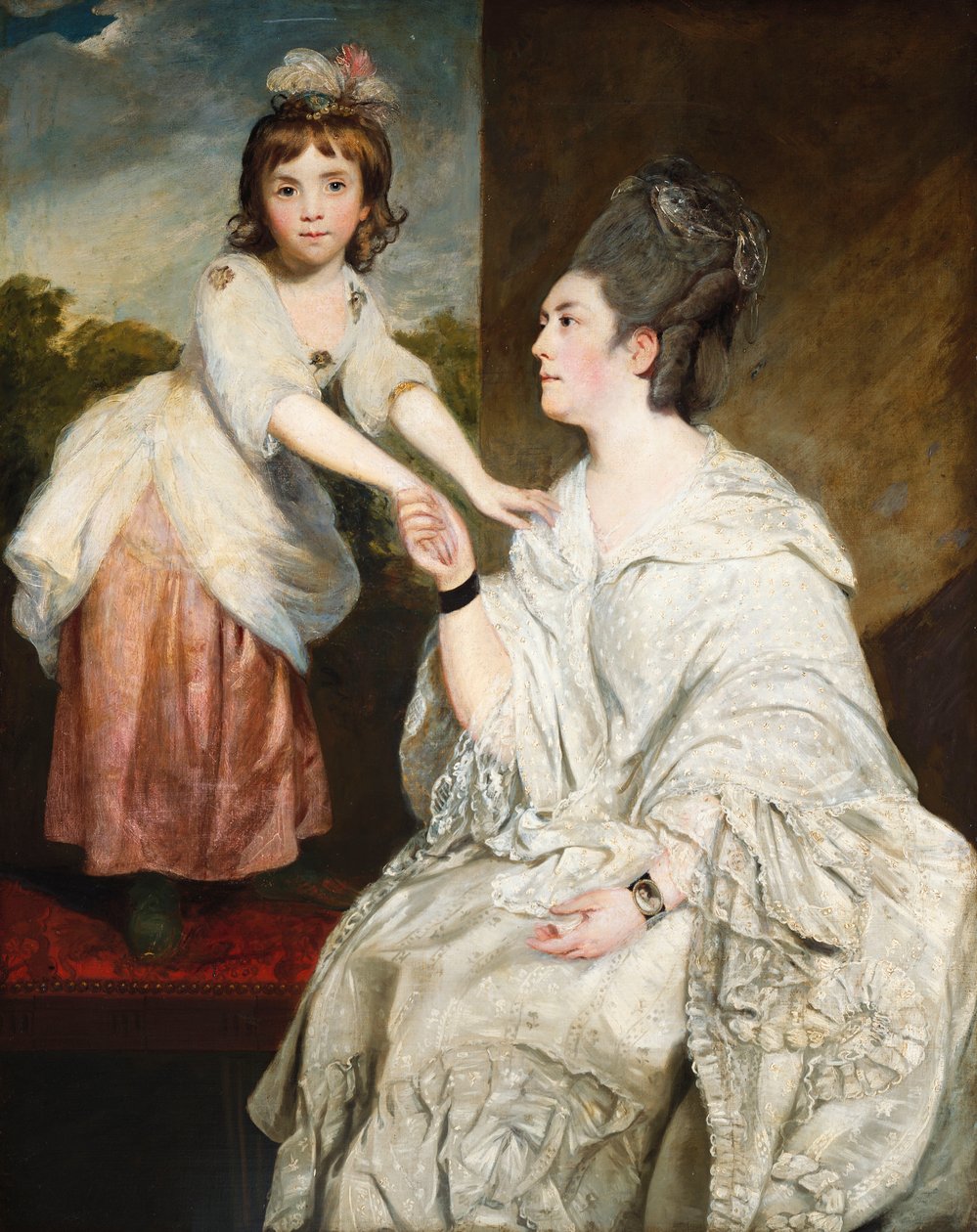 Portrét paní Sarah Otwayové v bílém kostýmu se svou dcerou Jane před oknem od Joshua Reynolds