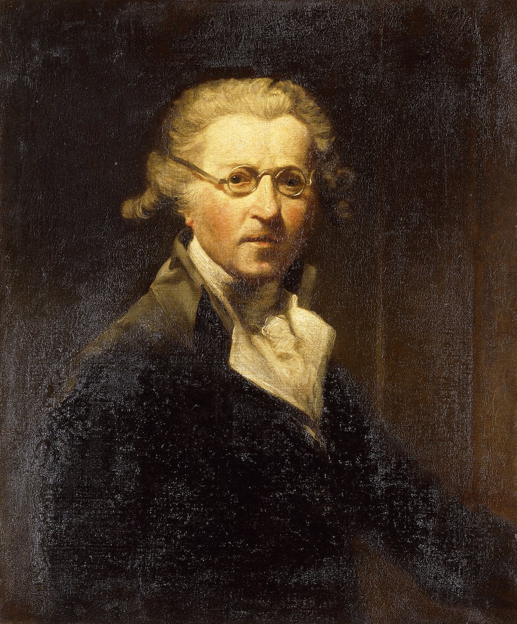 Portrét umělce, polodlouhý, v olivově zeleném kabátě s brýlemi, od Joshua Reynolds