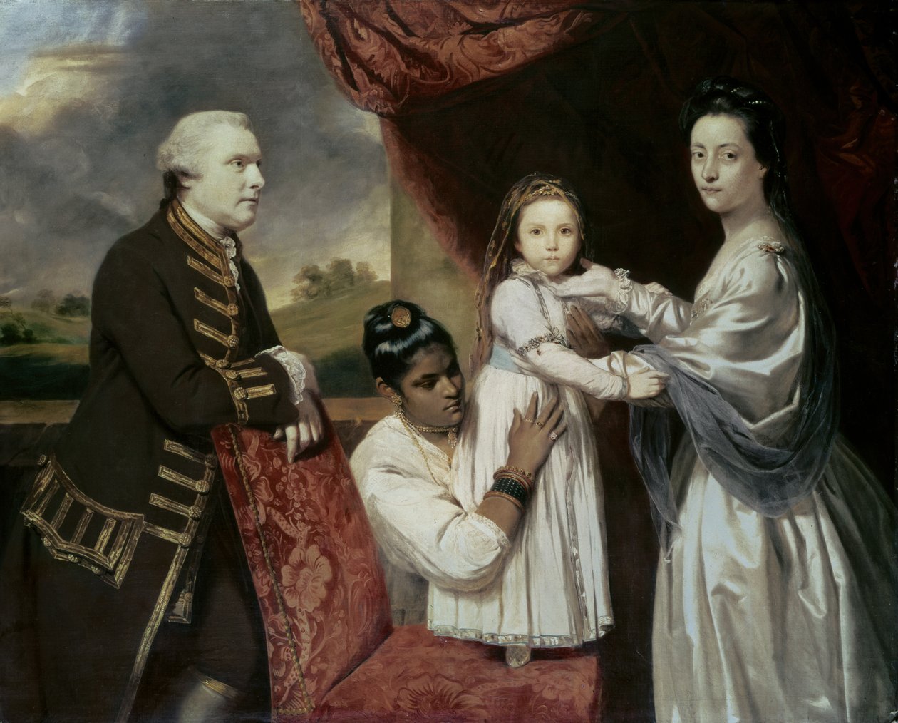 Tysoe Saul Hancock, jeho manželka Philadelphia, jejich dcera Elizabeth a jejich indická služebná Clarinda, cca 1763–5 od Joshua Reynolds