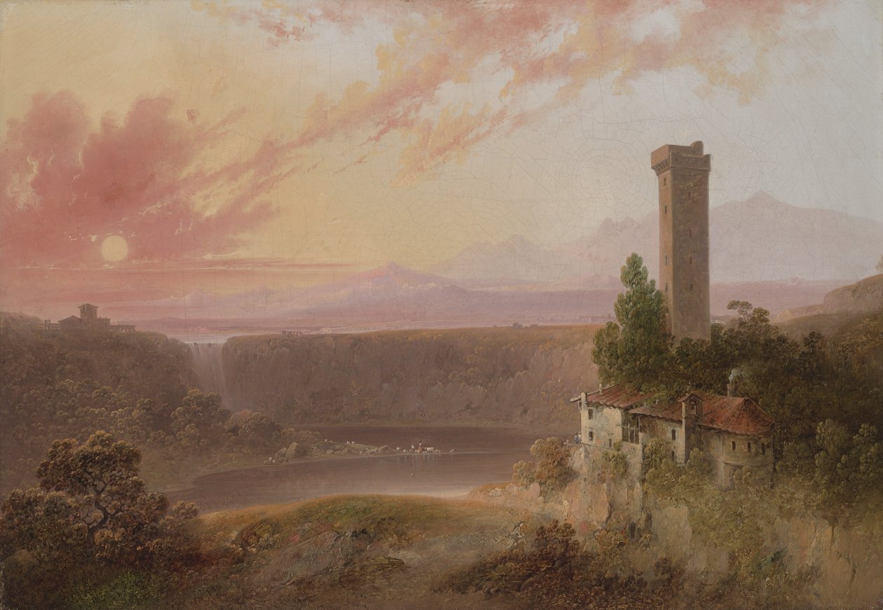 Pohled na jezero Nemi při západu slunce, c.1840-50 od Joshua H. Shaw