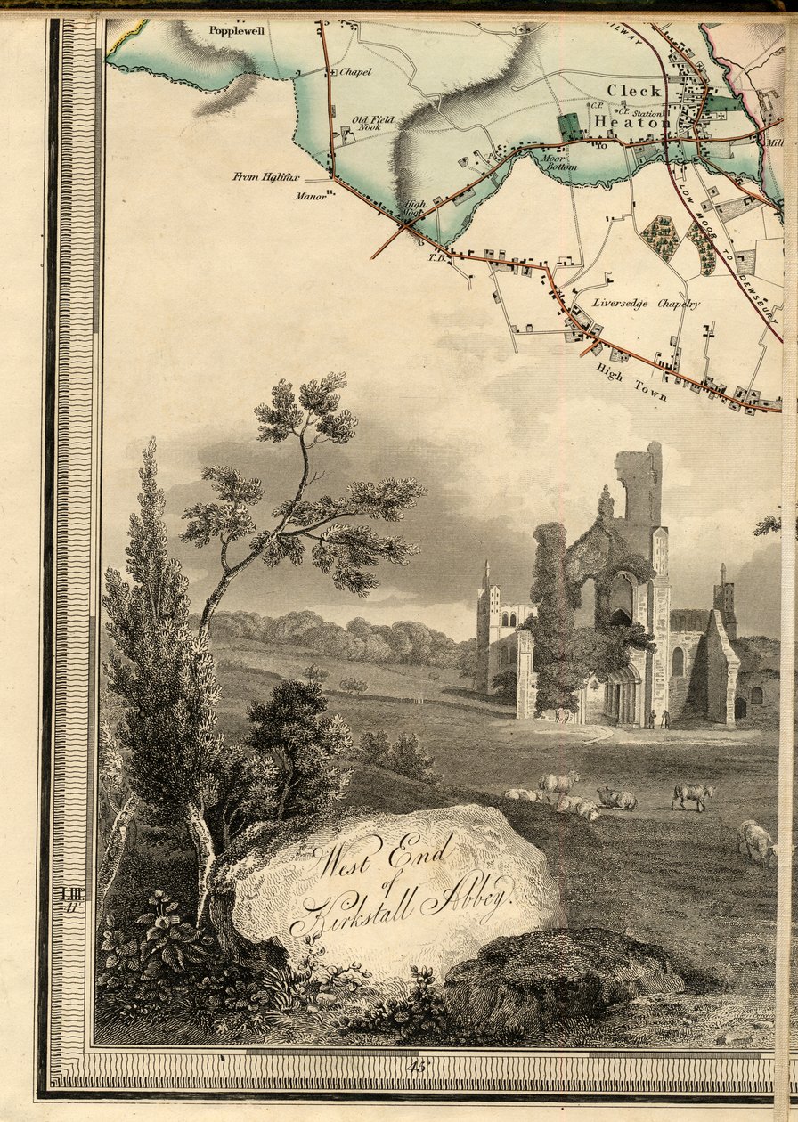 D1, Cleckheaton  rytina západního konce opatství Kirkstall Abbey od Joshua Thorp