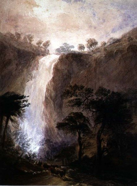 Pohled na vodopád, cca 1820 (akvarel s arabskou gumou na papíře) od Joshua Wallis