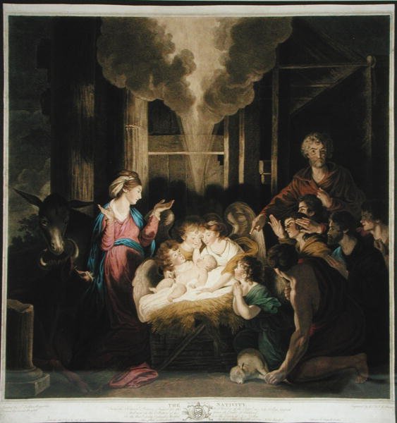 Narození Páně, kreslil Josiah Boydell a ryli G.J & J.G Fracius (barevná rytina) od Joshua after Reynolds