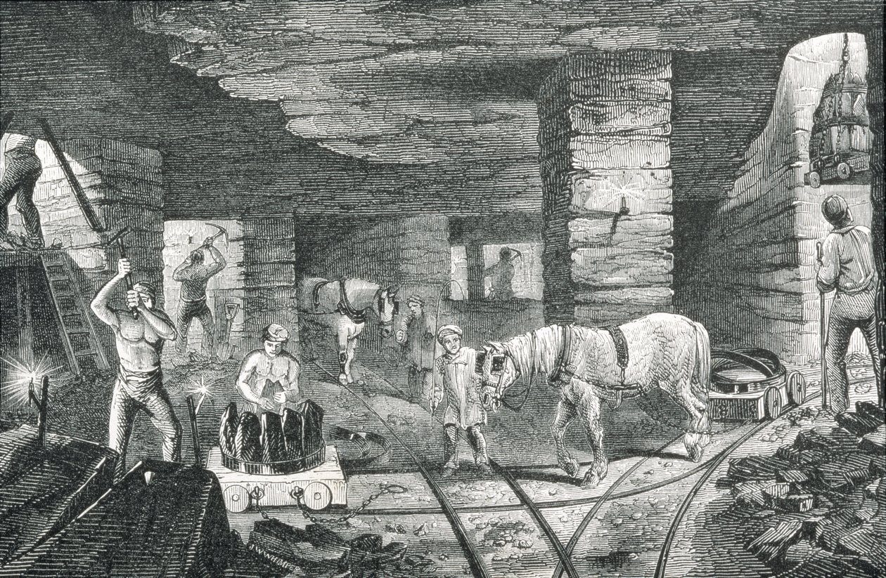 Anglický uhelný důl z „Cyklopedie užitečného umění a výroby“, editoval Charles Tomlinson, kolem 80. let 19. století od Josiah Wood Whymper