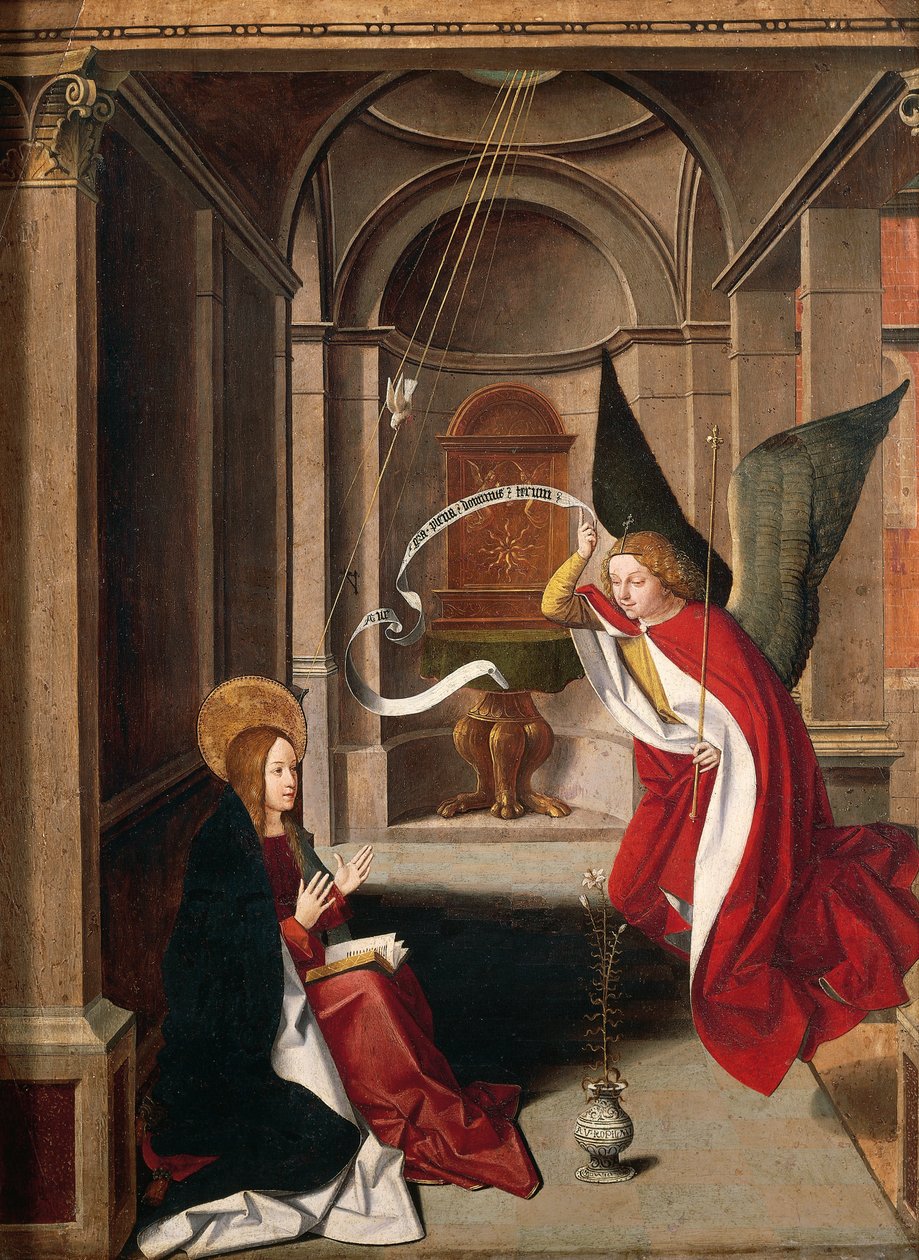 Zvěstování, od Josse Lieferinxe (zemřel před 1508), detail od Josse (fl.1493 1508) Lieferinxe