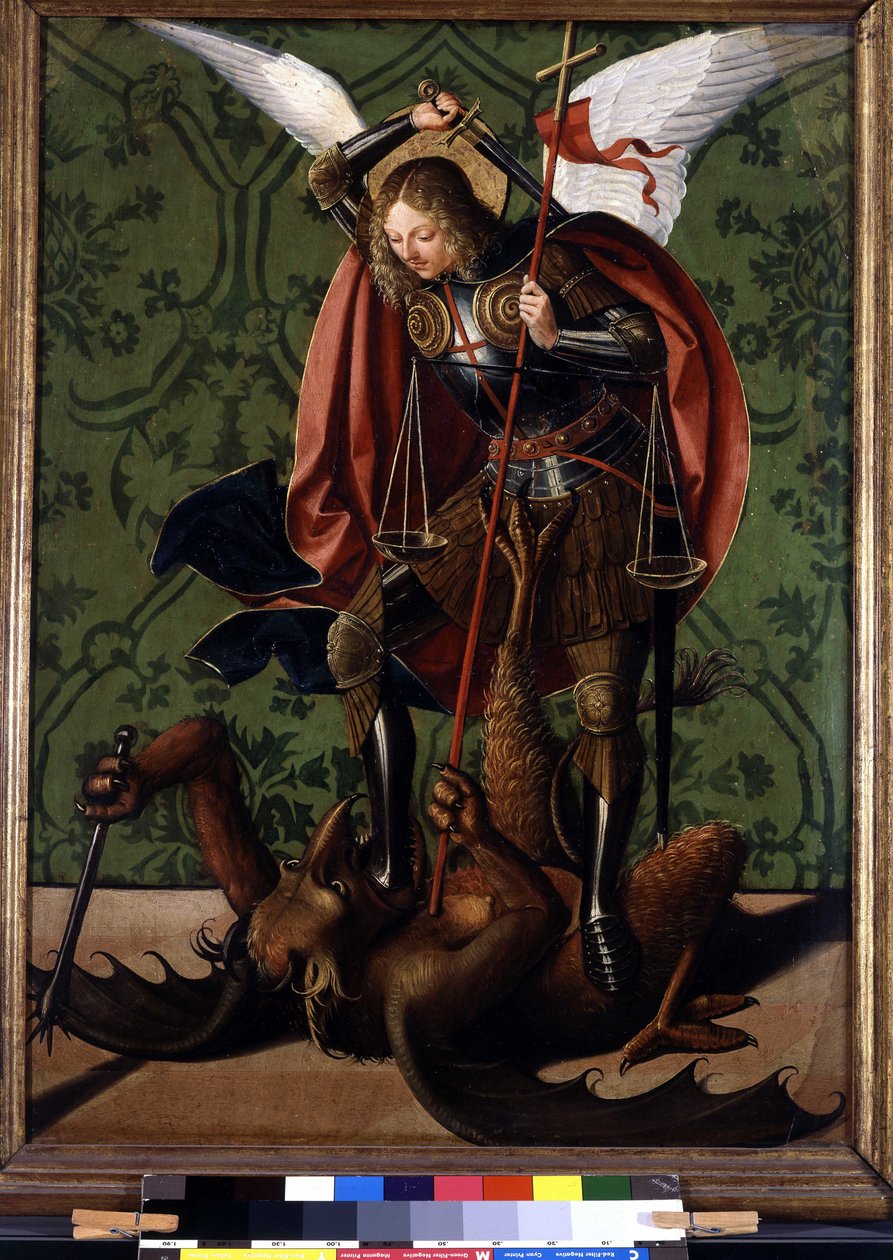 Rub oltářního obrazu: Saint Michel porazil démona. Obraz od Josse Lieferinxe, činný v letech 1493-1508 od Josse (fl.1493 1508) Lieferinxe