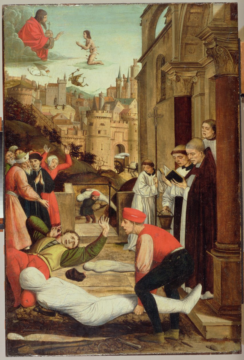 Svatý Šebestián se přimlouvá za postižené morem, 1497-99 od Josse Lieferinxe