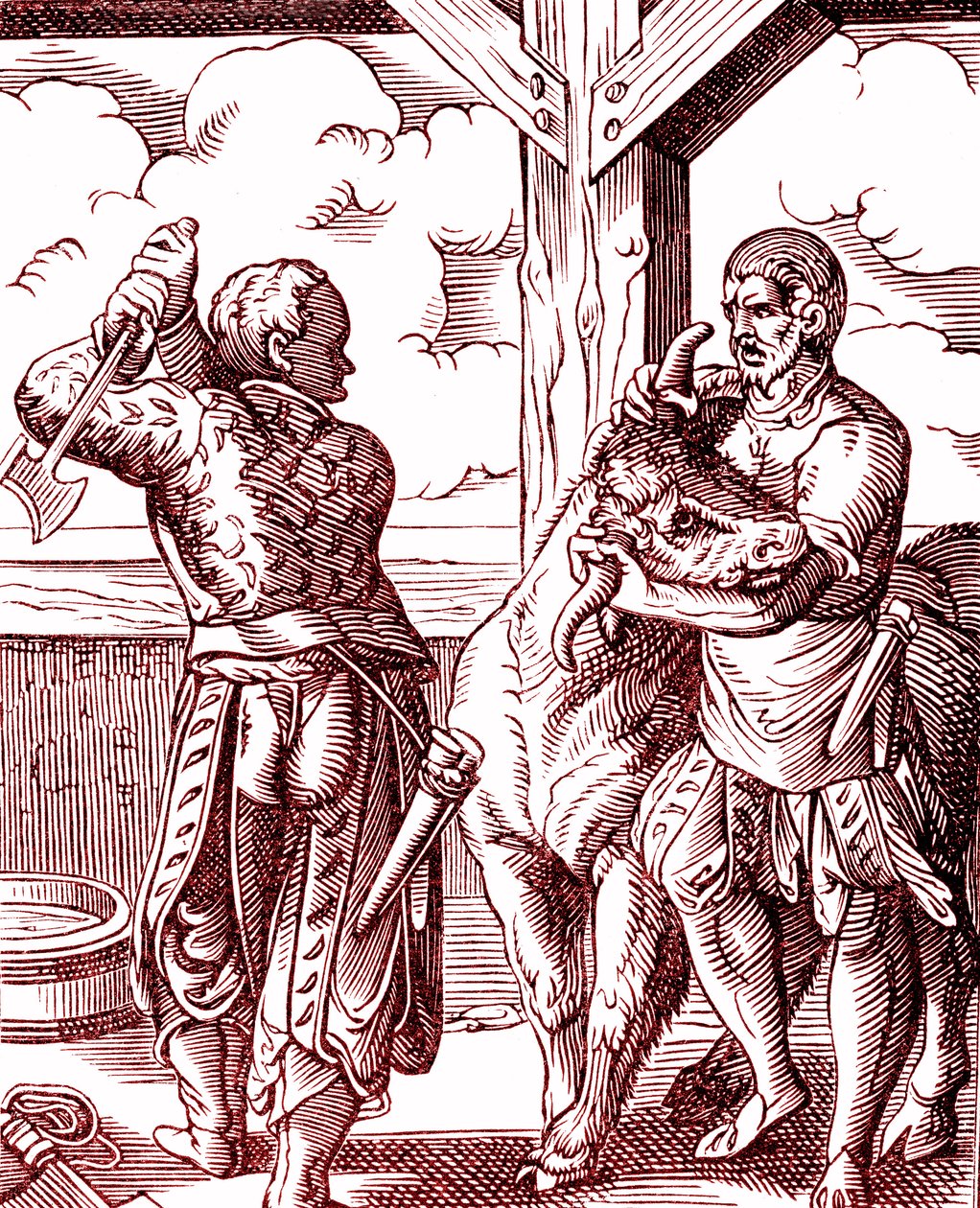 Řezník - Jídlo a vaření ve středověku. Rytina Josta Ammana (1539-1591). Rytina 1878 od Jost (after) Amman