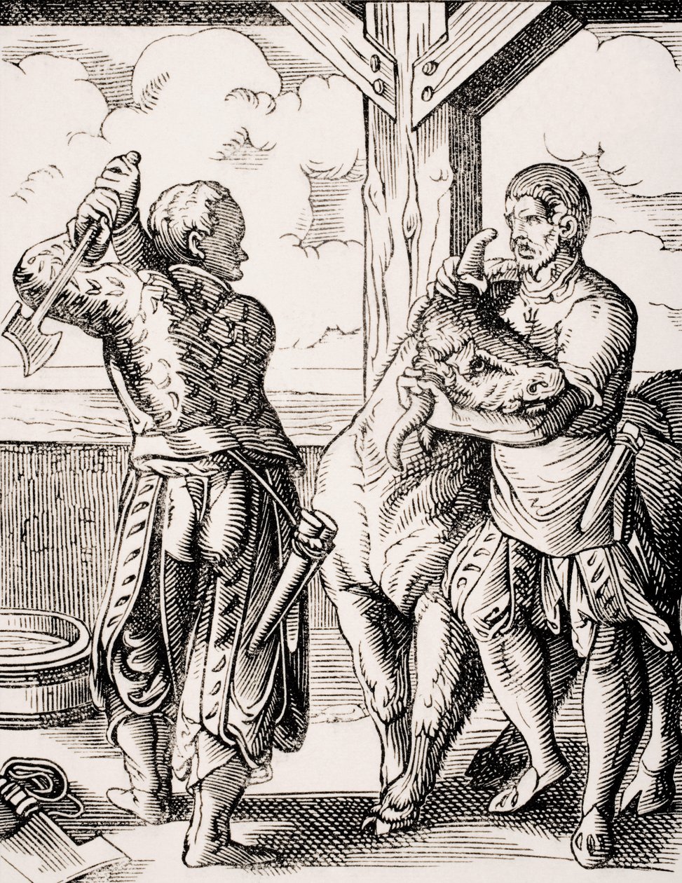 Řezník a jeho asistent, reprodukce rytiny ze 16. století od Josta Ammana (1539-91) z „Le Moyen Age et La Renaissance“ od Paula Lacroixe (1806-84) publikovaná 1847 (litho) od Jost (after) Amman