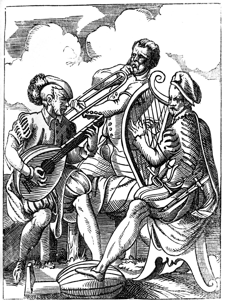 Kytarista, loutnista a hráč na pozoun, 16. století 1849. od Jost Amman