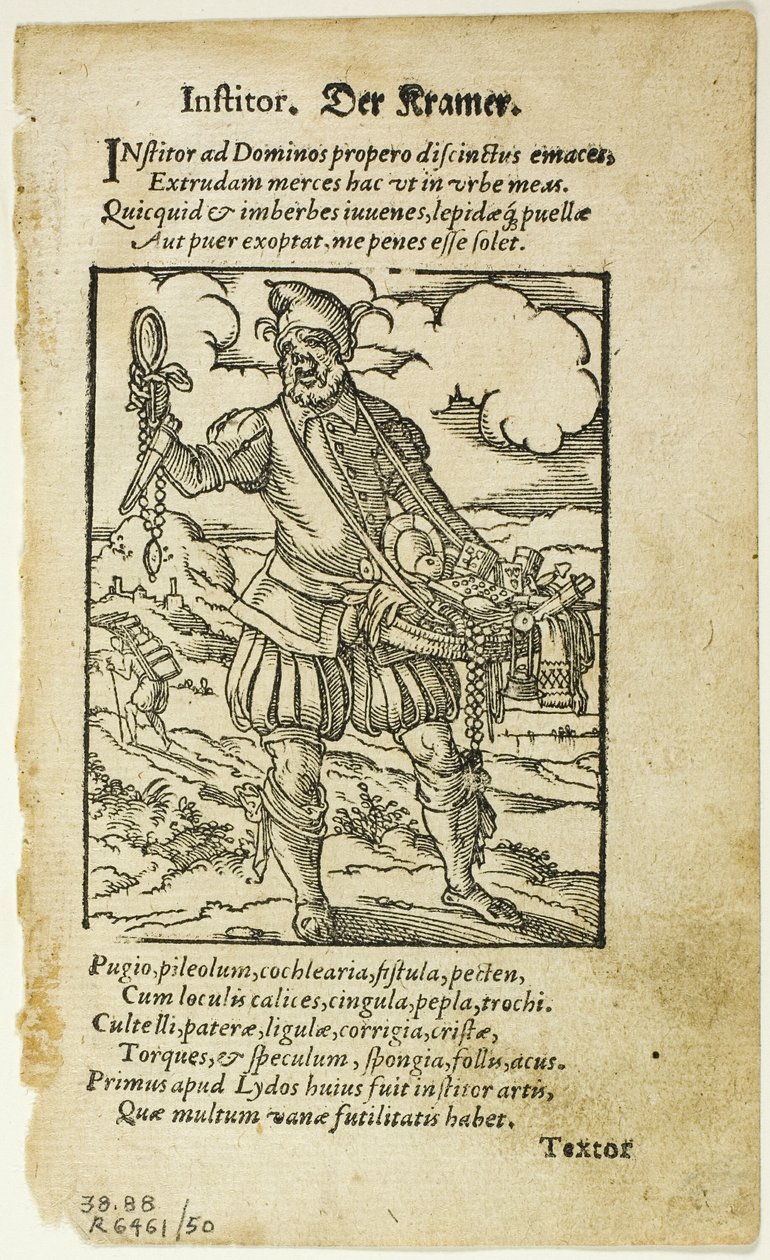Der Kramer (Kramář) z De omnibus illiberalibus sive mechanicis artibus od Hartmanna Schoppera, deska 50 z Dřevoryty z knih XVI. století od Jost Amman