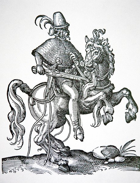 Koňský voják s pistolí se zámkem na kolo, ilustrace z 
