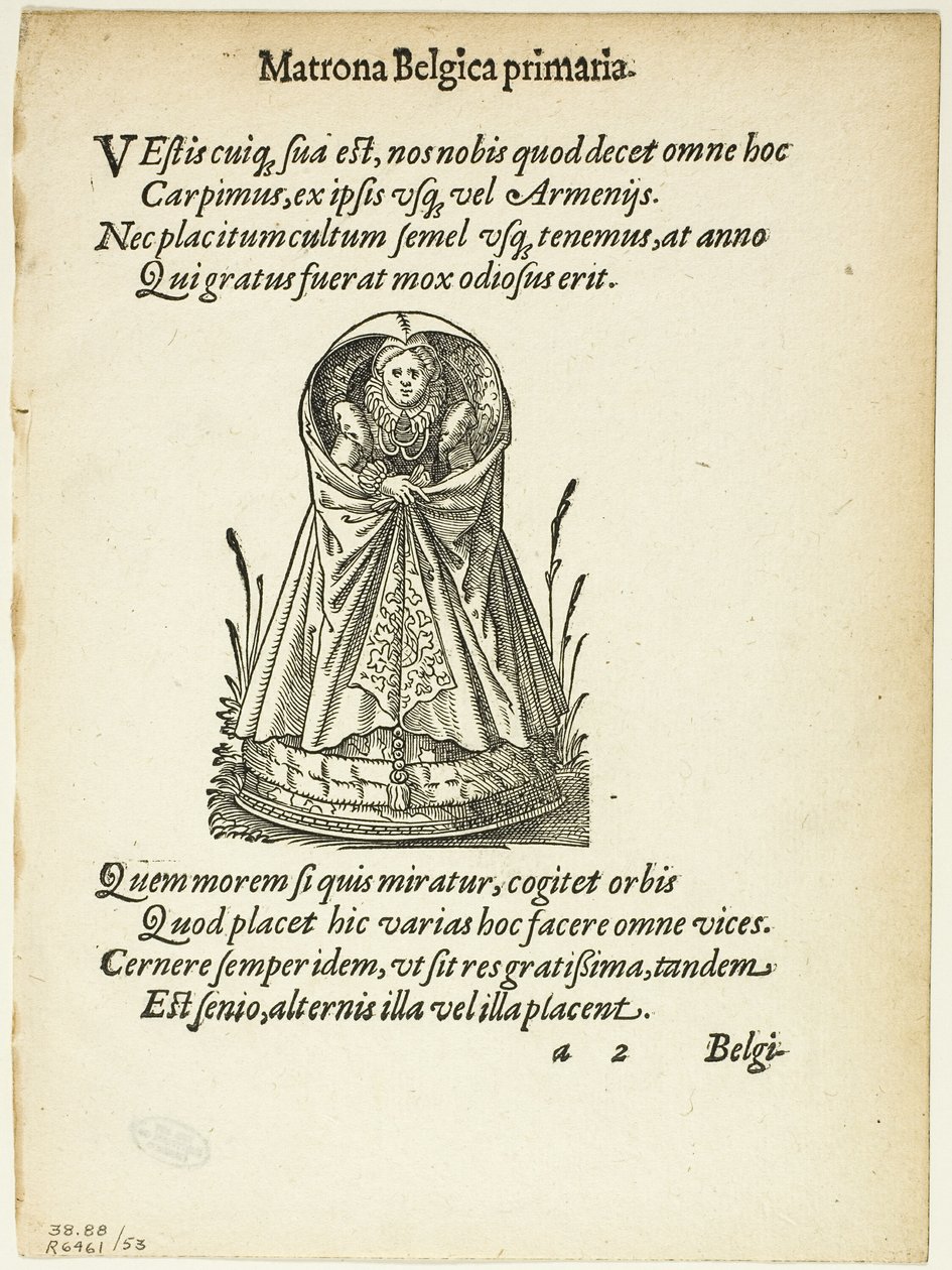 Matrona Belgica primaria (Belgická matrona prvního stupně) z Gynaeceum, sive Theatrum Mulierum, deska 53 z Dřevorytů z knih XVI. století od Jost Amman