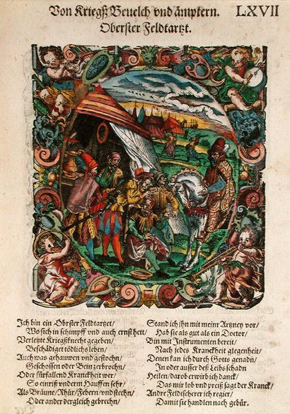 Vojenská chirurgie, z „Válečné knihy třetí díl Schantzenu a opevnění“ od Leonhardta Fronspergera (asi 1520-75) 1573 (barevný dřevoryt) od Jost Amman