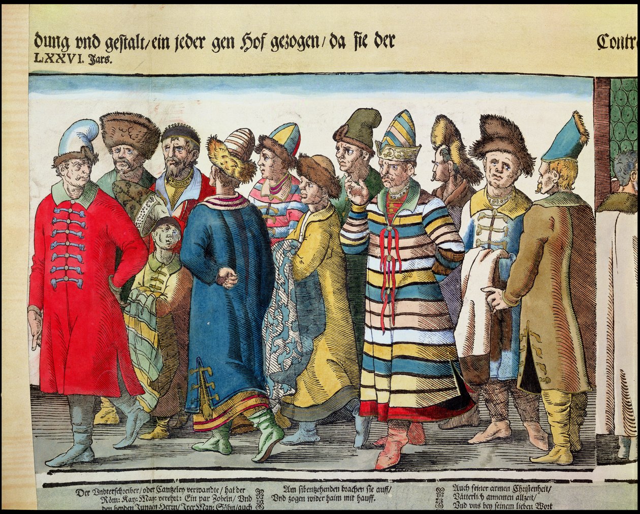 Velké velvyslanectví Ivana IV 1530-84 Ruska u císaře Svaté říše římské v Regensburgu v roce 1576 barevný dřevoryt z let 173050 a 88595 od Jost Amman