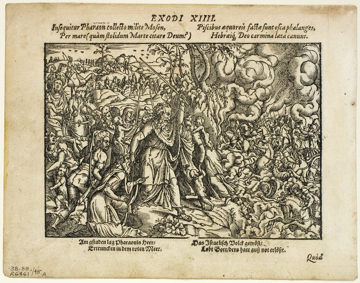 Průchod Rudým mořem (recto) a Pohřeb Jakuba (verso) z Neuwe Biblische Figuren, deska 48 z dřevořezů z knih XVI. století od Jost Amman