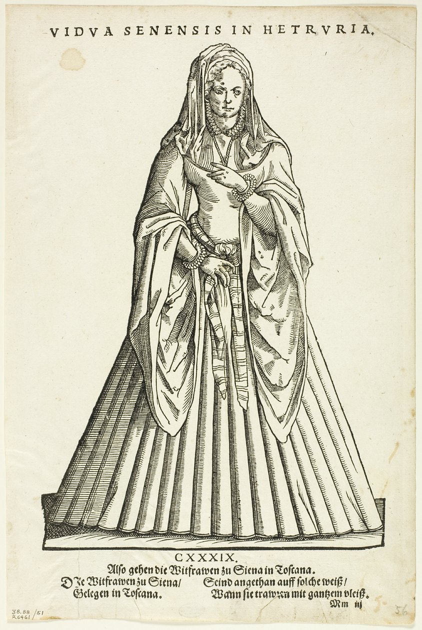 Vidua Senensis in Hetruria (Vdova ze Sieny v Toskánsku) z Trachtenbuchu H. Weigela, deska 51 z dřevorytů z knih XVI. století od Jost Amman